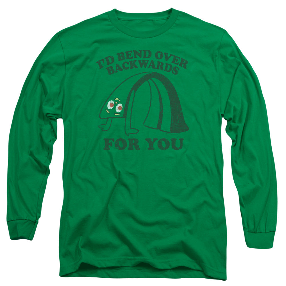AN OFFCIALLY LICENSED GUMBY BEND BACKWARDS MEN'S LONG SLEEVE T-SHIRT KELLY GREEN