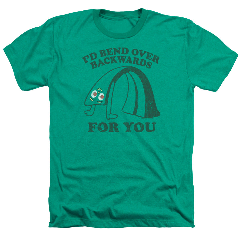 AN OFFCIALLY LICENSED GUMBY BEND BACKWARDS MEN'S HEATHER T-SHIRT KELLY GREEN