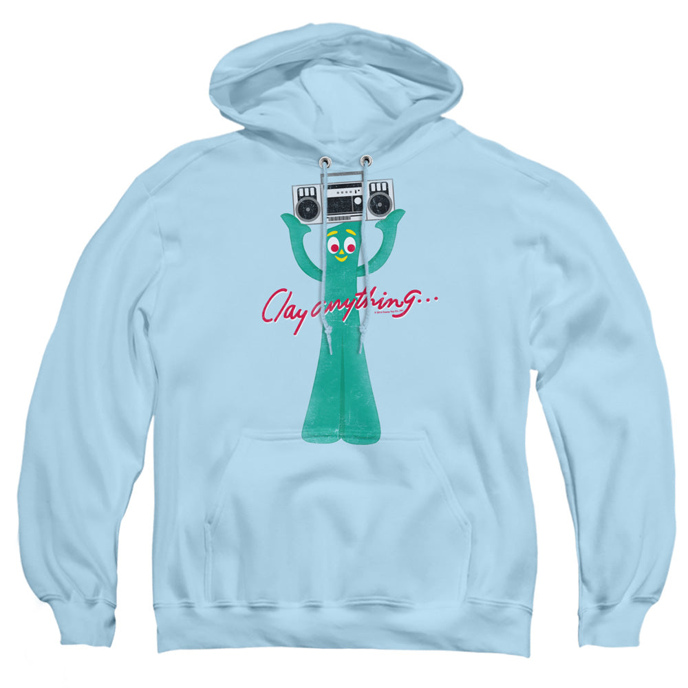 AN OFFCIALLY LICENSED GUMBY CLAY ANYTHING ADULT UNISEX PULLOVER HOODIE LIGHT BLUE