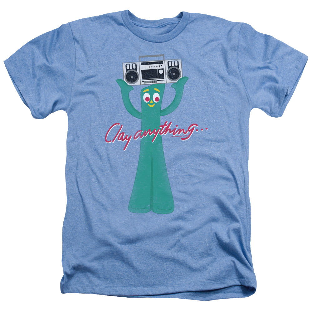 AN OFFCIALLY LICENSED GUMBY CLAY ANYTHING MEN'S HEATHER T-SHIRT LIGHT BLUE