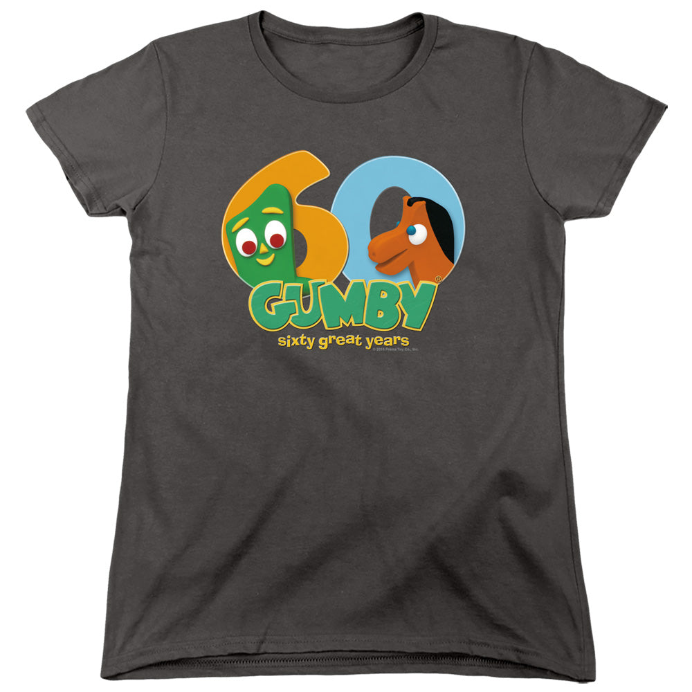 AN OFFCIALLY LICENSED GUMBY 60TH WOMEN'S REGULAR FIT T-SHIRT CHARCOAL