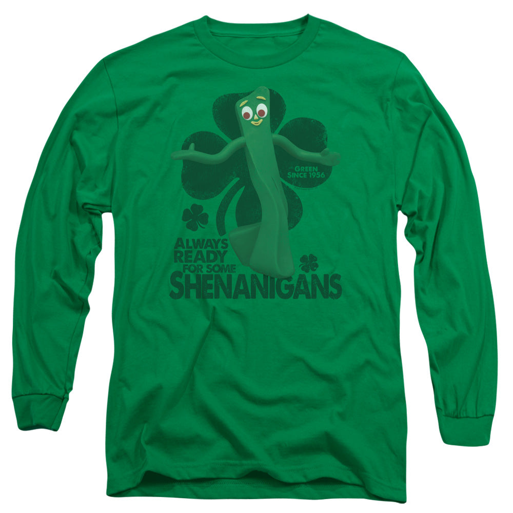 AN OFFCIALLY LICENSED GUMBY SHENANIGANS MEN'S LONG SLEEVE T-SHIRT KELLY GREEN