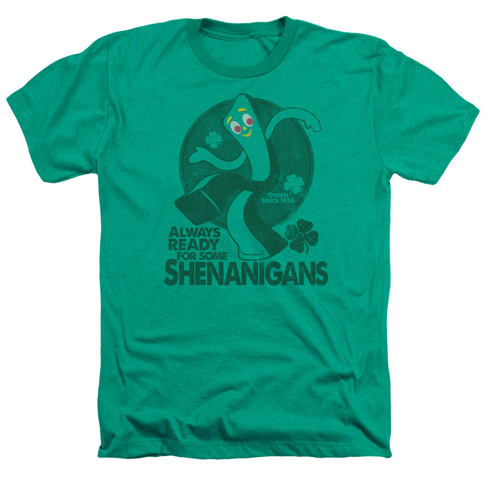 AN OFFCIALLY LICENSED GUMBY MORE SHENANIGANS MEN'S HEATHER T-SHIRT KELLY GREEN