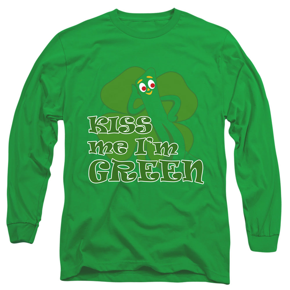 AN OFFCIALLY LICENSED GUMBY KISS ME IM GREEN MEN'S LONG SLEEVE T-SHIRT KELLY GREEN