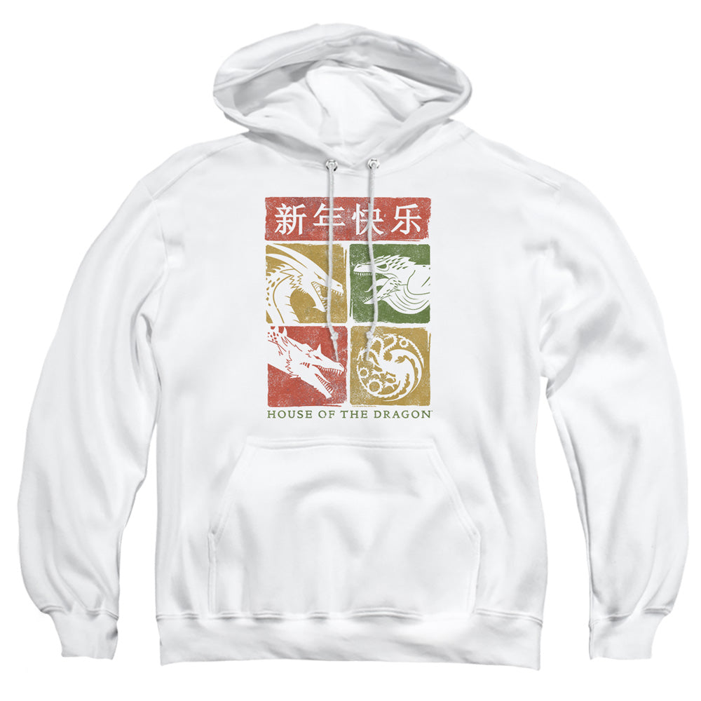 AN OFFCIALLY LICENSED HOUSE OF THE DRAGON YEAR OF THE DRAGON GRID ADULT UNISEX PULLOVER HOODIE WHITE