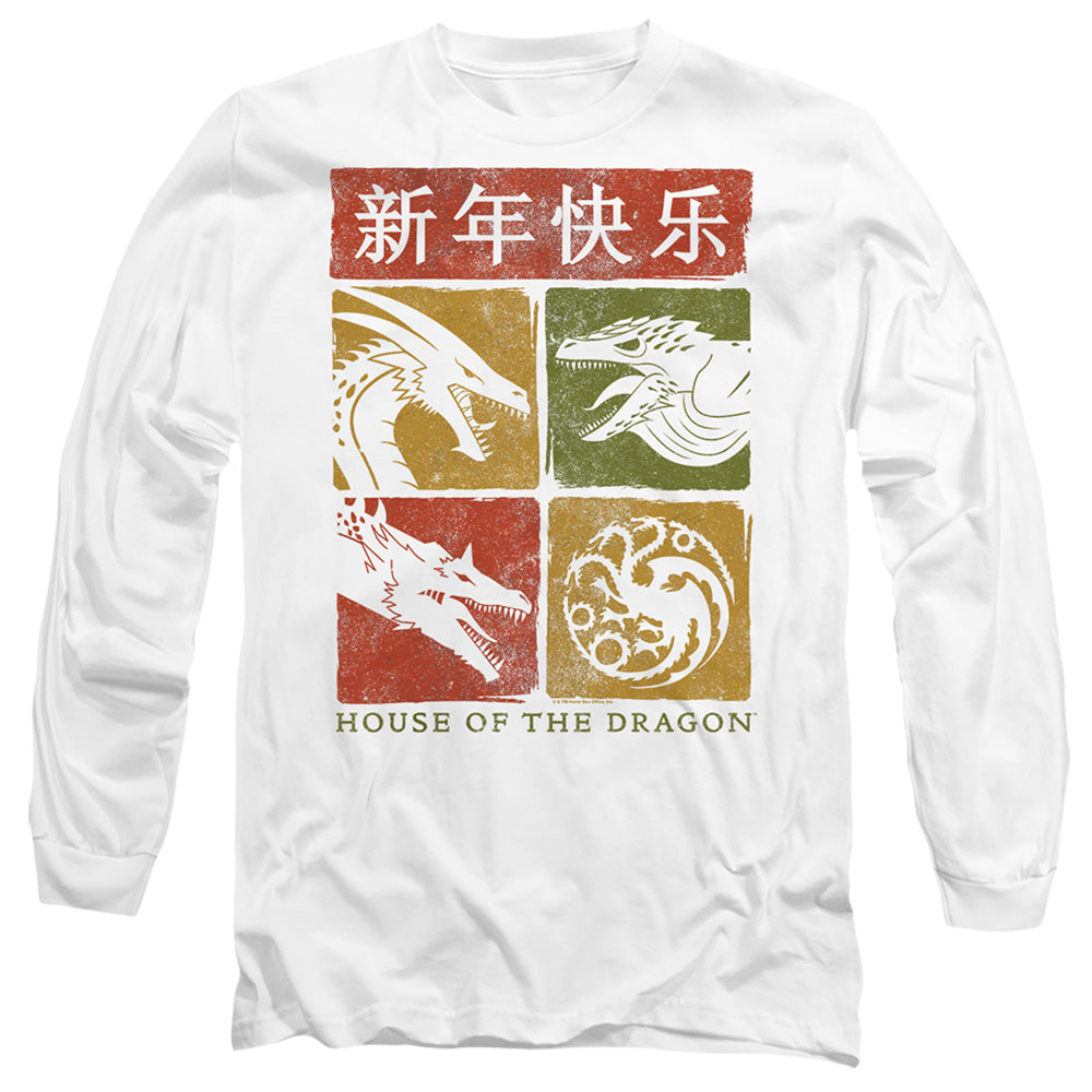 AN OFFCIALLY LICENSED HOUSE OF THE DRAGON YEAR OF THE DRAGON GRID MEN'S LONG SLEEVE T-SHIRT WHITE