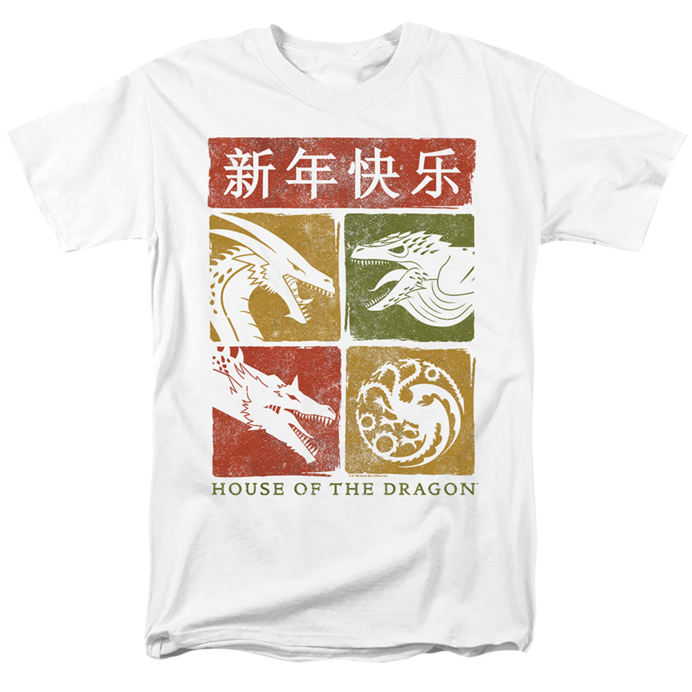 AN OFFCIALLY LICENSED HOUSE OF THE DRAGON YEAR OF THE DRAGON GRID MEN'S REGULAR FIT T-SHIRT WHITE