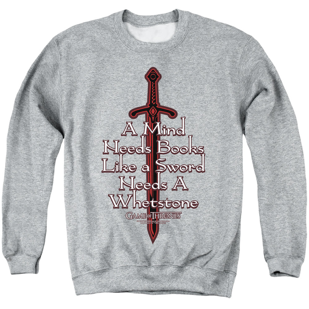 AN OFFCIALLY LICENSED GAME OF THRONES THE MIND NEEDS BOOKS ADULT UNISEX CREWNECK SWEATSHIRT ATHLETIC HEATHER