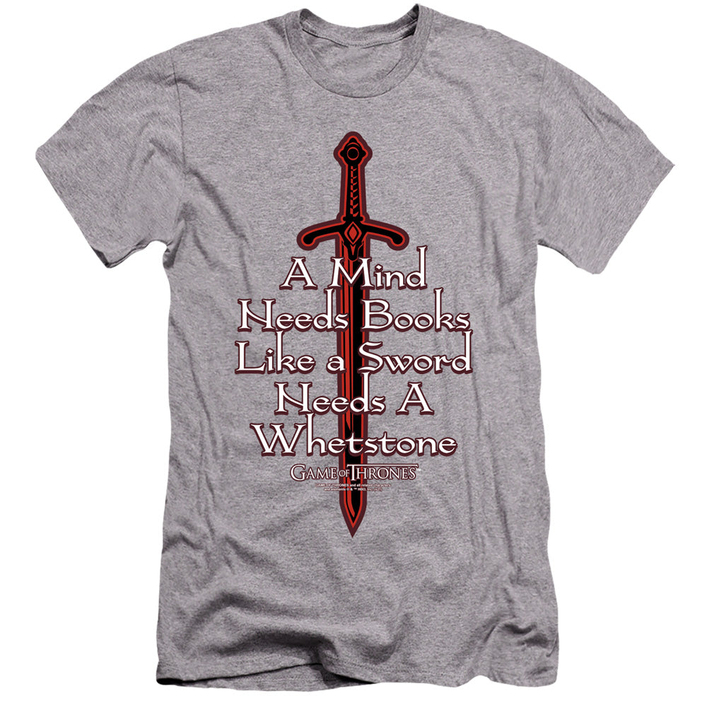AN OFFCIALLY LICENSED GAME OF THRONES THE MIND NEEDS BOOKS MEN'S PREMIUM SLIM FIT T-SHIRT ATHLETIC HEATHER