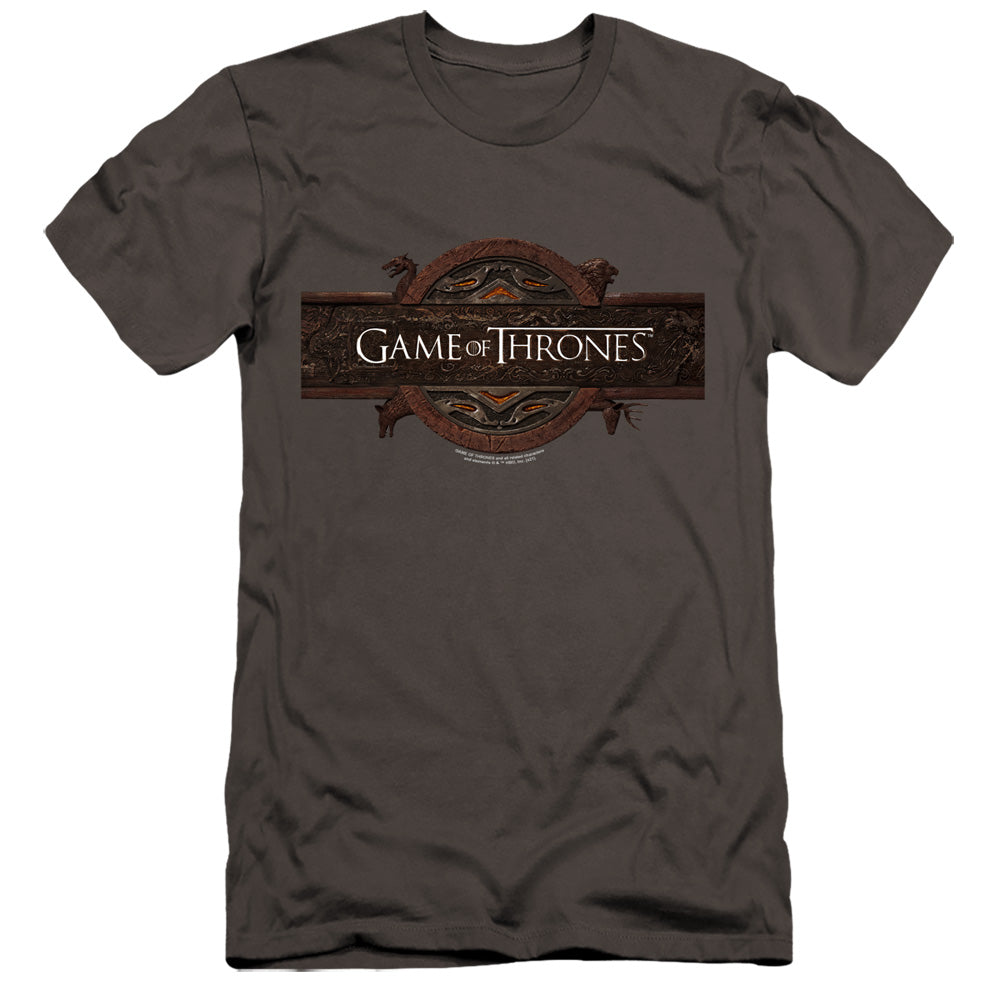 AN OFFCIALLY LICENSED GAME OF THRONES TITLE SEQUENCE LOGO MEN'S PREMIUM SLIM FIT T-SHIRT CHARCOAL