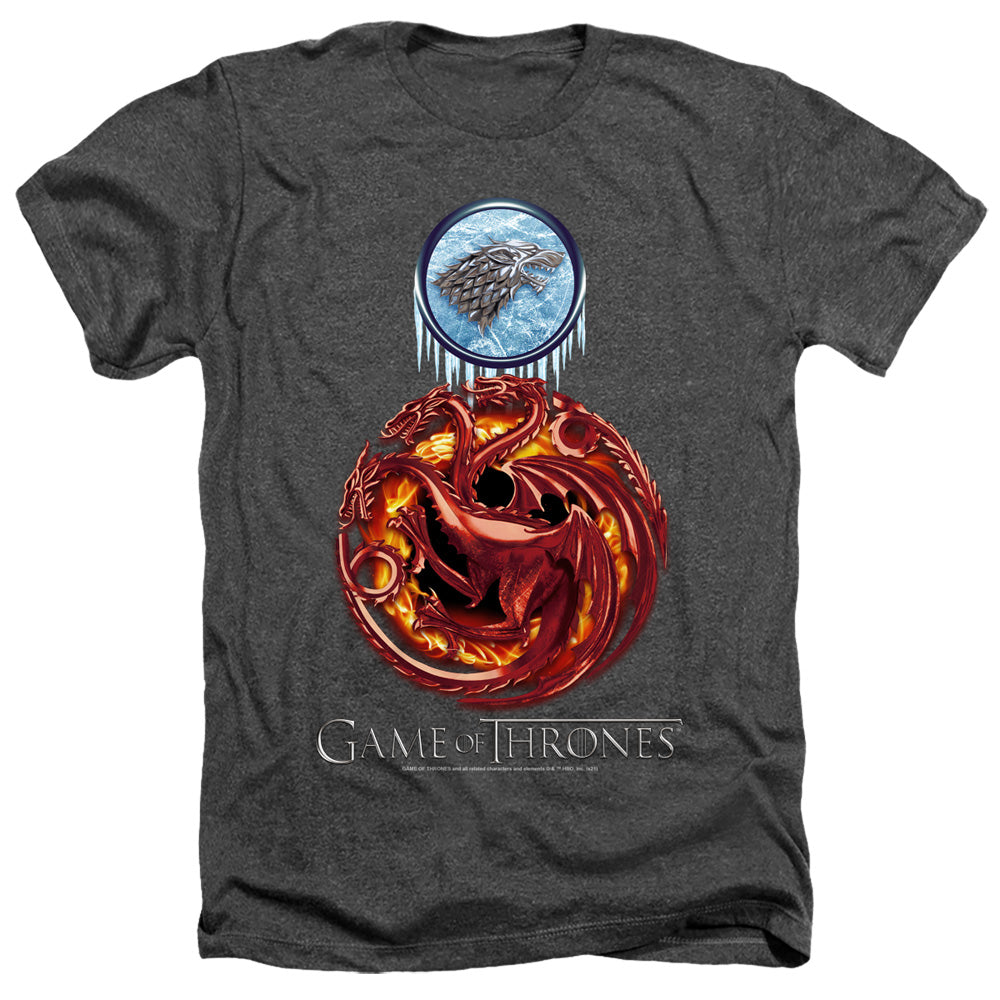 AN OFFCIALLY LICENSED GAME OF THRONES COMBINED TARGARYN AND STARK MEN'S HEATHER T-SHIRT CHARCOAL