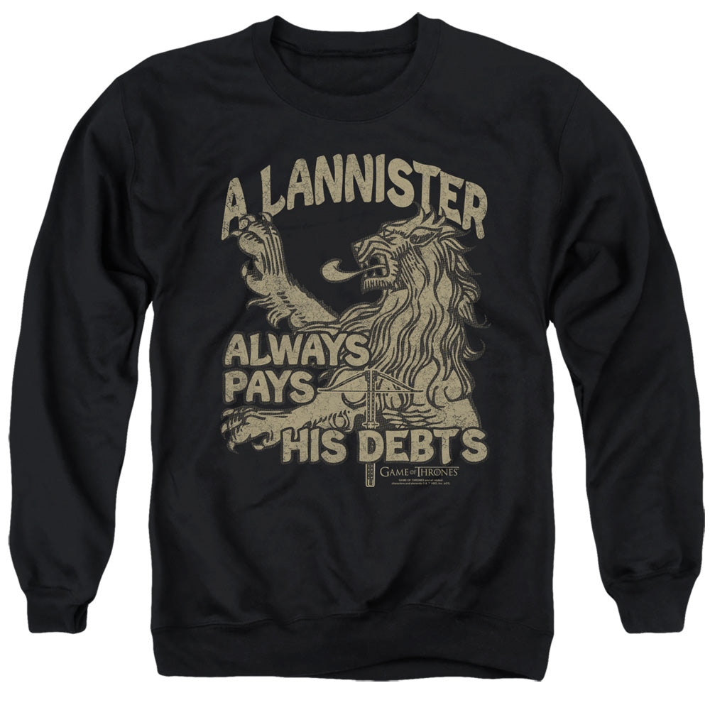 AN OFFCIALLY LICENSED GAME OF THRONES DEBTS ADULT UNISEX CREWNECK SWEATSHIRT BLACK