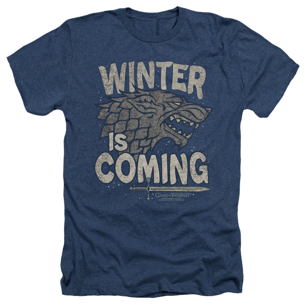 AN OFFCIALLY LICENSED GAME OF THRONES WINTER IS COMING MEN'S HEATHER T-SHIRT NAVY