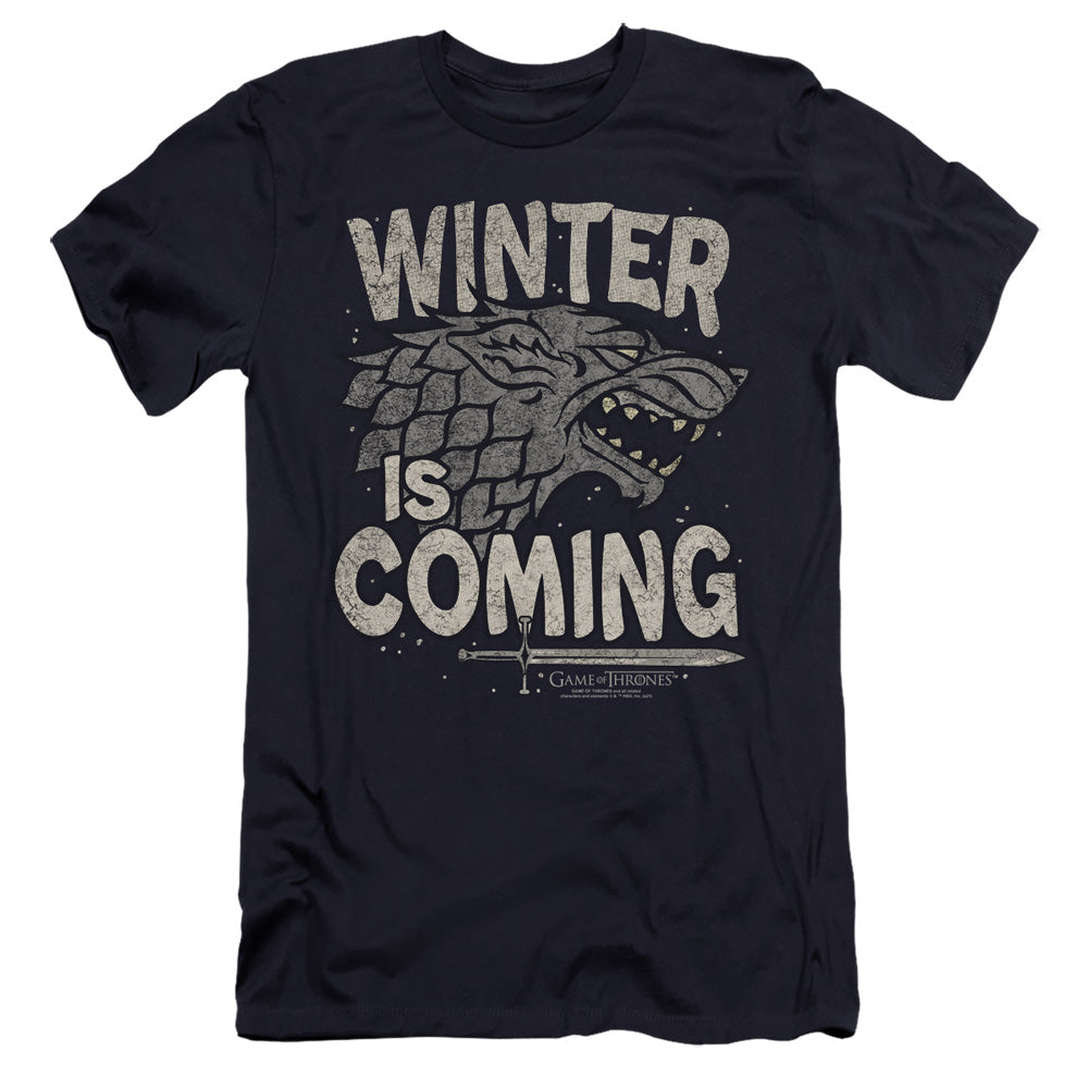 AN OFFCIALLY LICENSED GAME OF THRONES WINTER IS COMING MEN'S PREMIUM SLIM FIT T-SHIRT NAVY