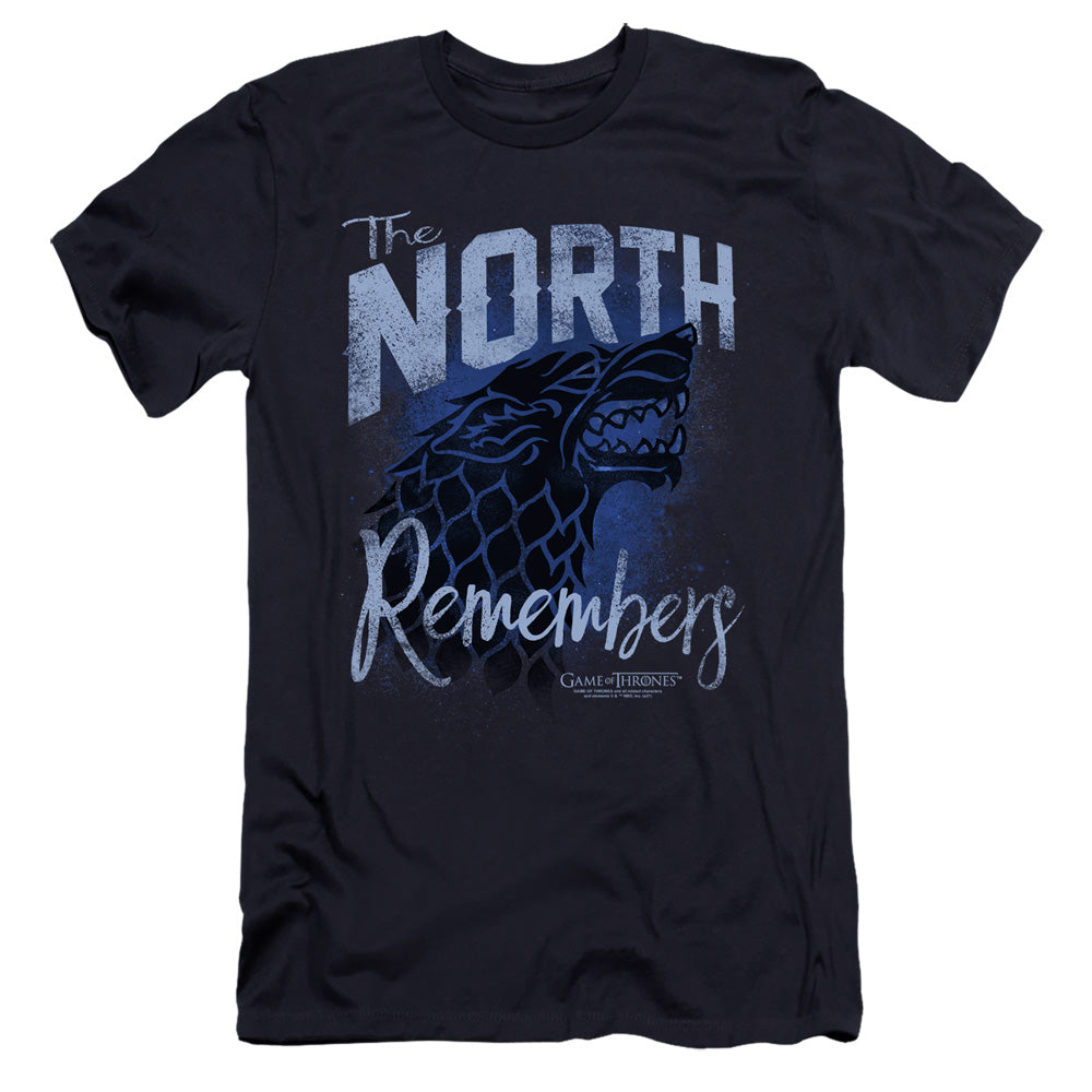 AN OFFCIALLY LICENSED GAME OF THRONES THE NORTH REMEMBERS MEN'S PREMIUM SLIM FIT T-SHIRT NAVY