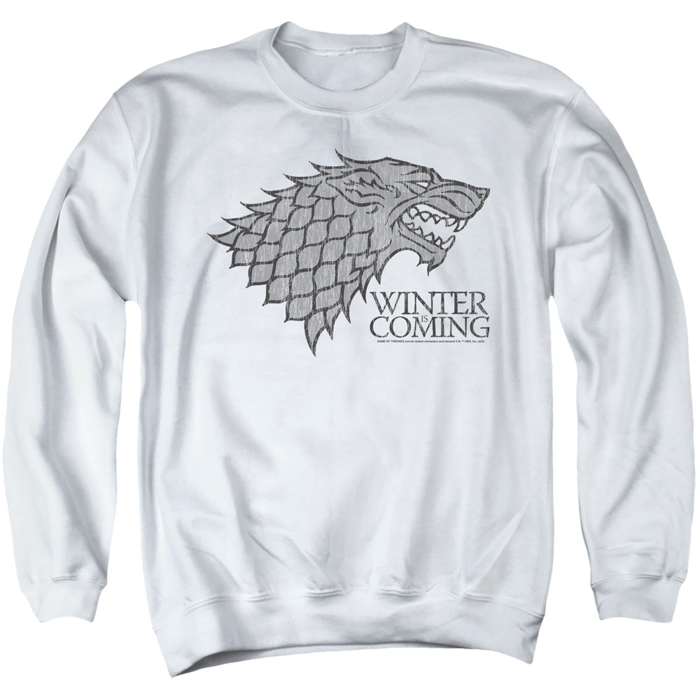 AN OFFCIALLY LICENSED GAME OF THRONES STARTK WINTER IS COMING ON WHITE ADULT UNISEX CREWNECK SWEATSHIRT WHITE