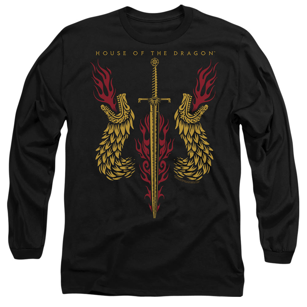 AN OFFCIALLY LICENSED HOUSE OF THE DRAGON SWORD AND DRAGON HEADS MEN'S LONG SLEEVE T-SHIRT BLACK