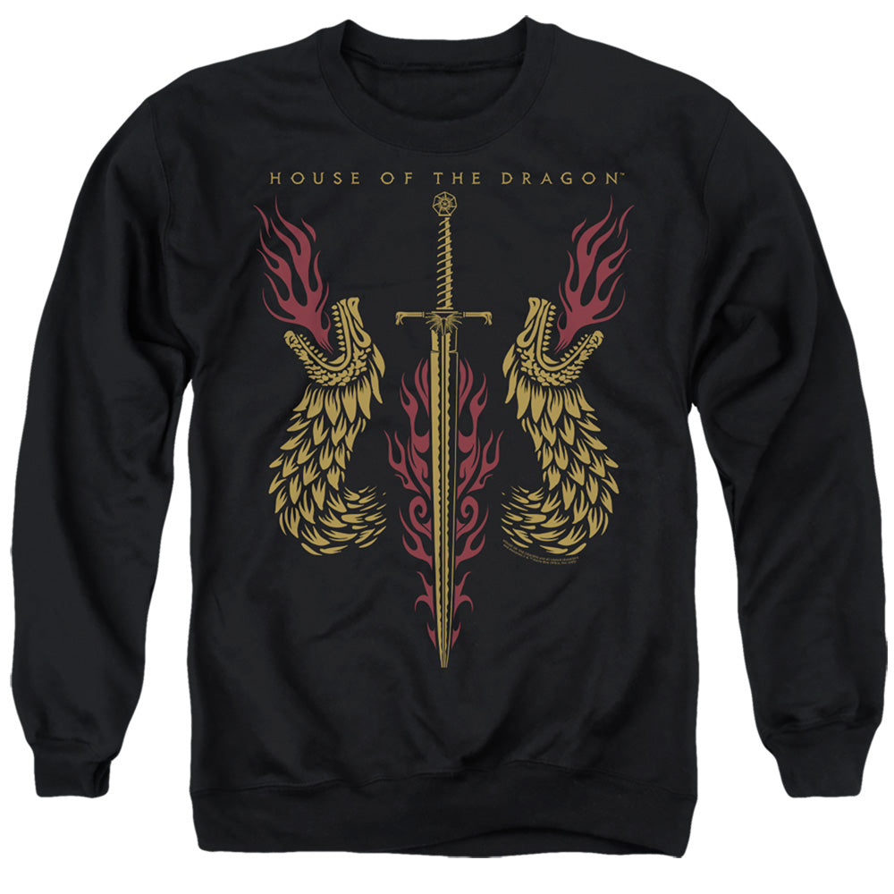 AN OFFCIALLY LICENSED HOUSE OF THE DRAGON SWORD AND DRAGON HEADS ADULT UNISEX CREWNECK SWEATSHIRT BLACK