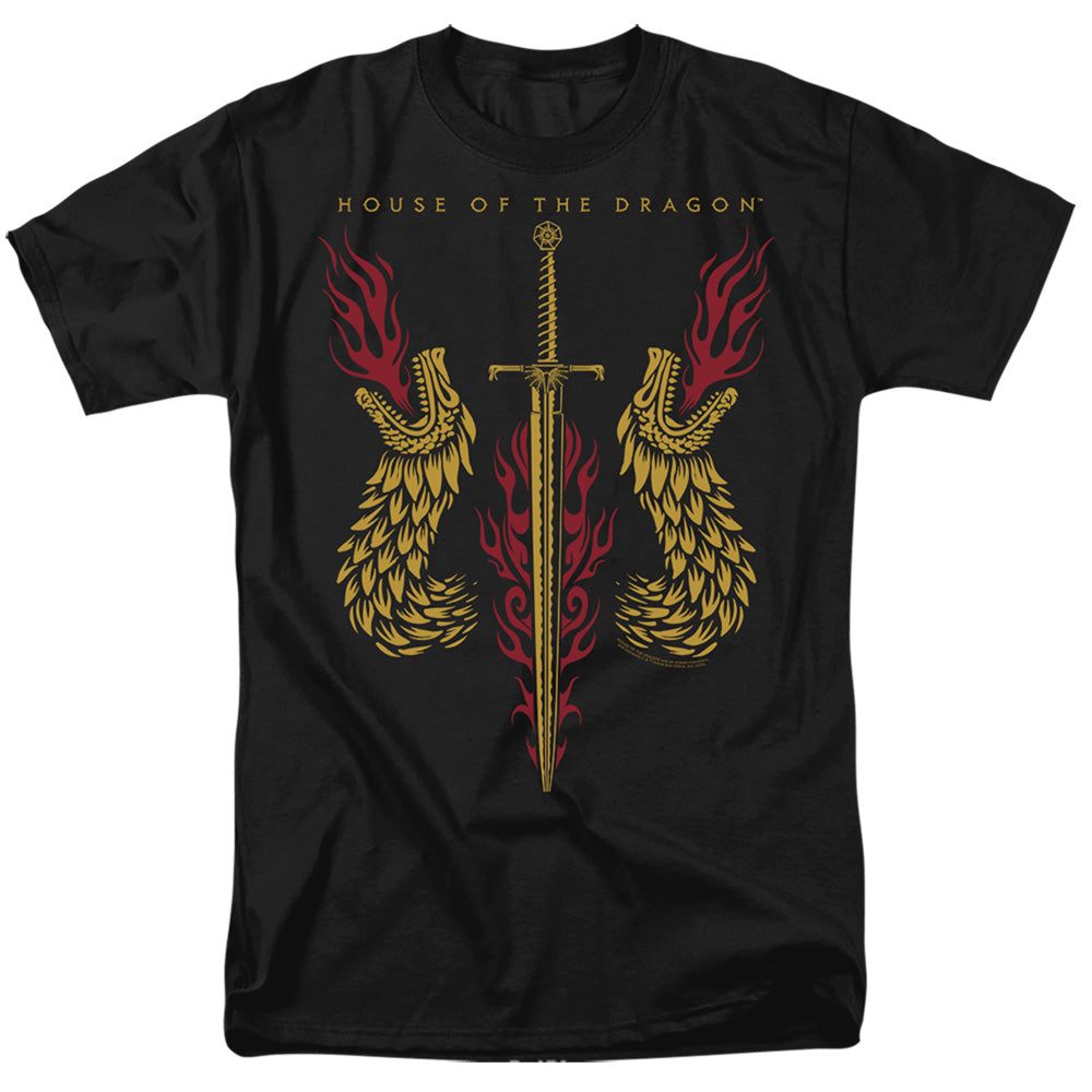 AN OFFCIALLY LICENSED HOUSE OF THE DRAGON SWORD AND DRAGON HEADS MEN'S REGULAR FIT T-SHIRT BLACK