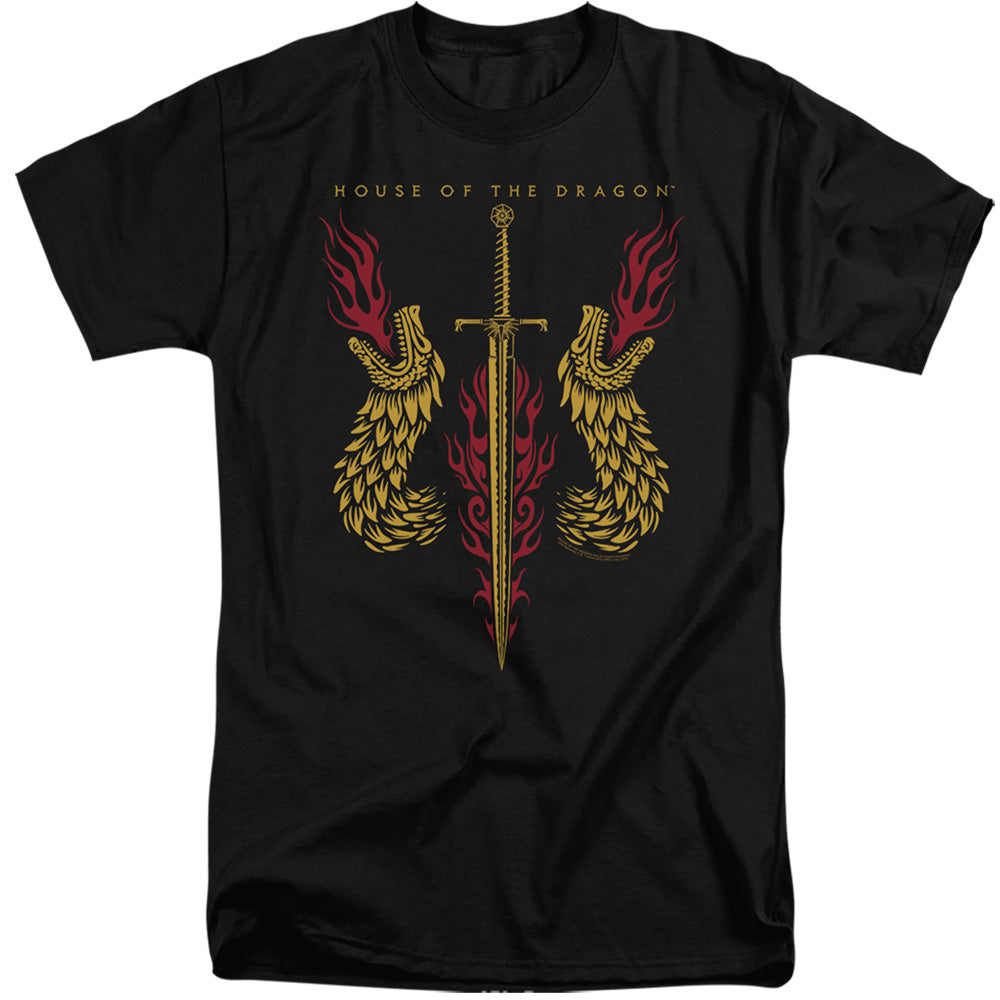 AN OFFCIALLY LICENSED HOUSE OF THE DRAGON SWORD AND DRAGON HEADS MEN'S TALL FIT T-SHIRT BLACK