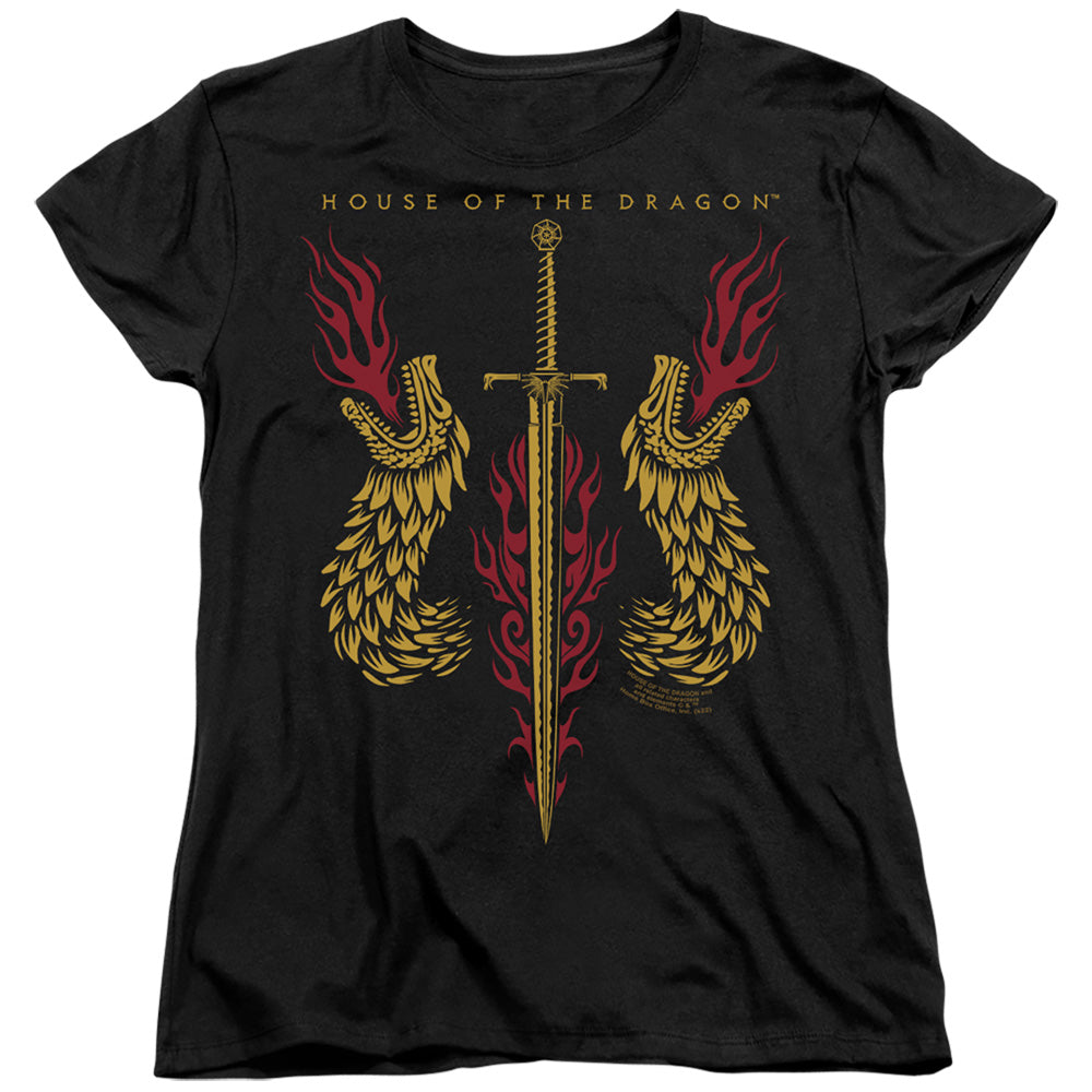 AN OFFCIALLY LICENSED HOUSE OF THE DRAGON SWORD AND DRAGON HEADS WOMEN'S REGULAR FIT T-SHIRT BLACK
