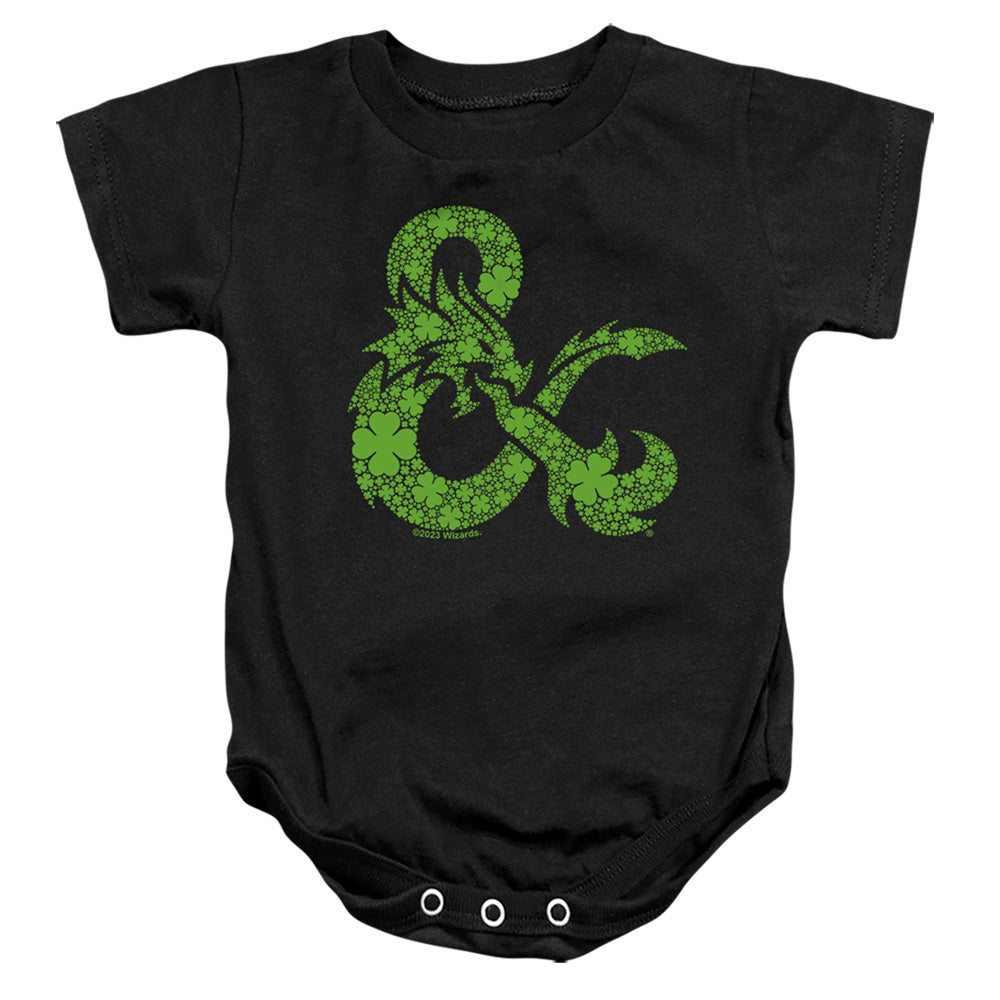 AN OFFCIALLY LICENSED DUNGEONS AND DRAGONS ST. PATRICK'S DAY SHAMROCK LOGO BABY BODYSUIT BLACK