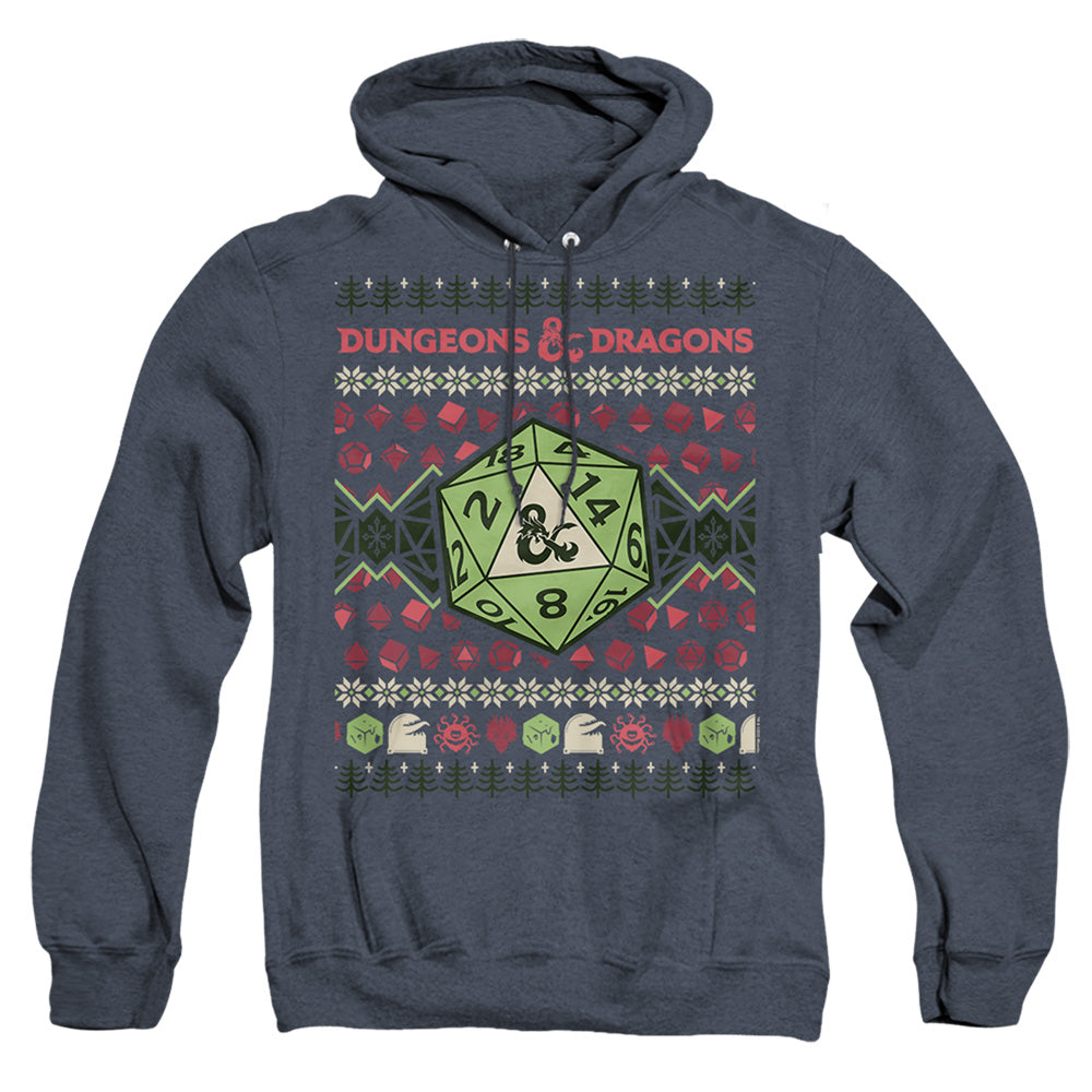 AN OFFCIALLY LICENSED DUNGEONS AND DRAGONS 20-SIDED DICE UGLY CHRISTMAS ADULT UNISEX HEATHER PULLOVER HOODIE NAVY