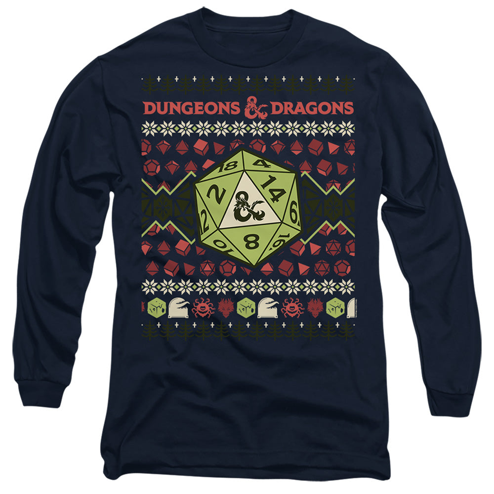 AN OFFCIALLY LICENSED DUNGEONS AND DRAGONS 20-SIDED DICE UGLY CHRISTMAS MEN'S LONG SLEEVE T-SHIRT NAVY