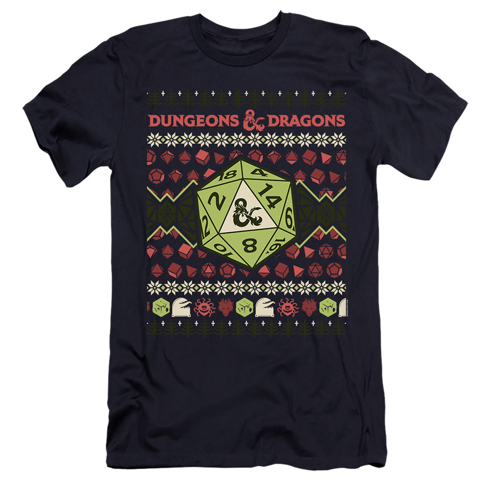 AN OFFCIALLY LICENSED DUNGEONS AND DRAGONS 20-SIDED DICE UGLY CHRISTMAS MEN'S PREMIUM SLIM FIT T-SHIRT NAVY