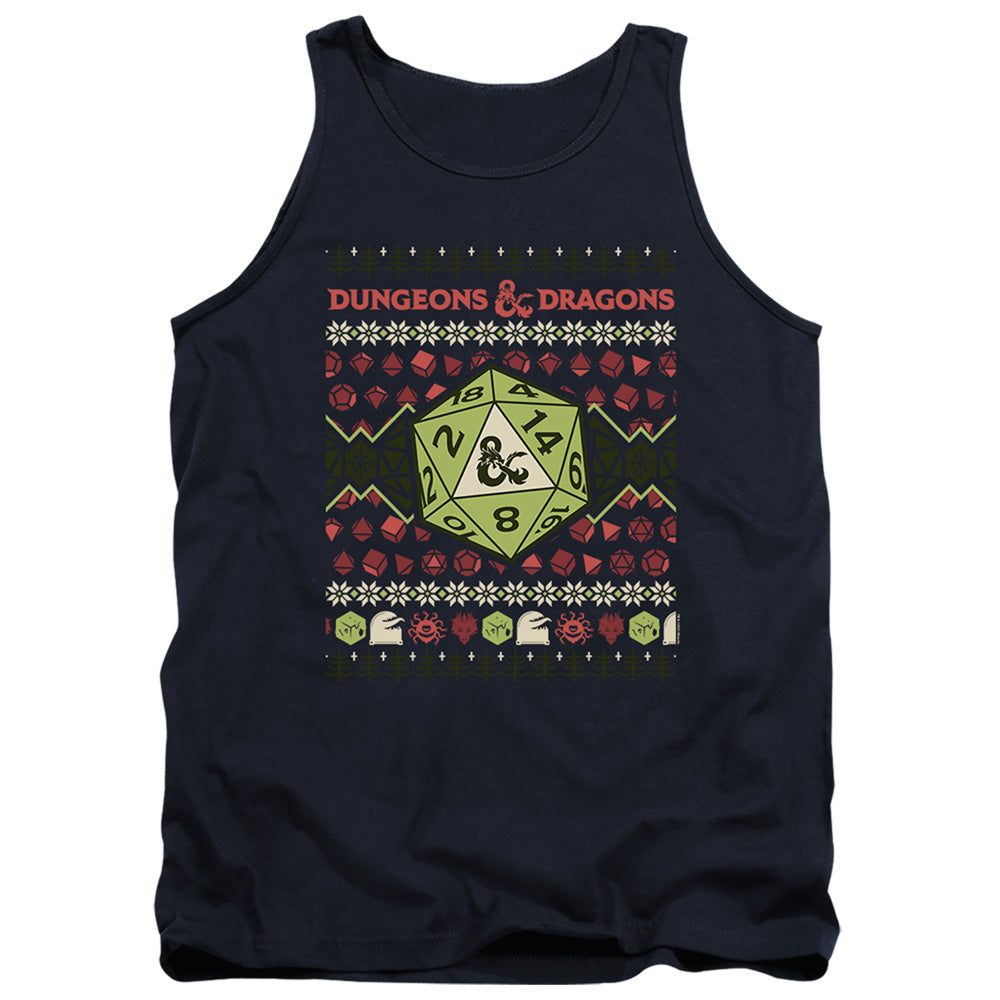 AN OFFCIALLY LICENSED DUNGEONS AND DRAGONS 20-SIDED DICE UGLY CHRISTMAS ADULT UNISEX TANK TOP NAVY