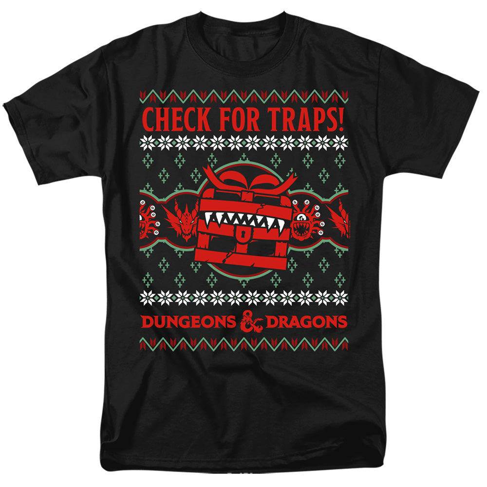 AN OFFCIALLY LICENSED DUNGEONS AND DRAGONS CHECK FOR TRAPS UGLY CHRISTMAS MEN'S REGULAR FIT T-SHIRT BLACK