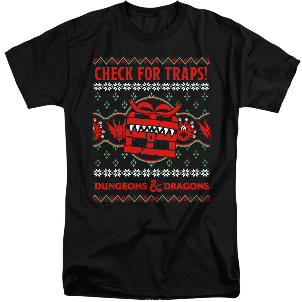 AN OFFCIALLY LICENSED DUNGEONS AND DRAGONS CHECK FOR TRAPS UGLY CHRISTMAS MEN'S TALL FIT T-SHIRT BLACK
