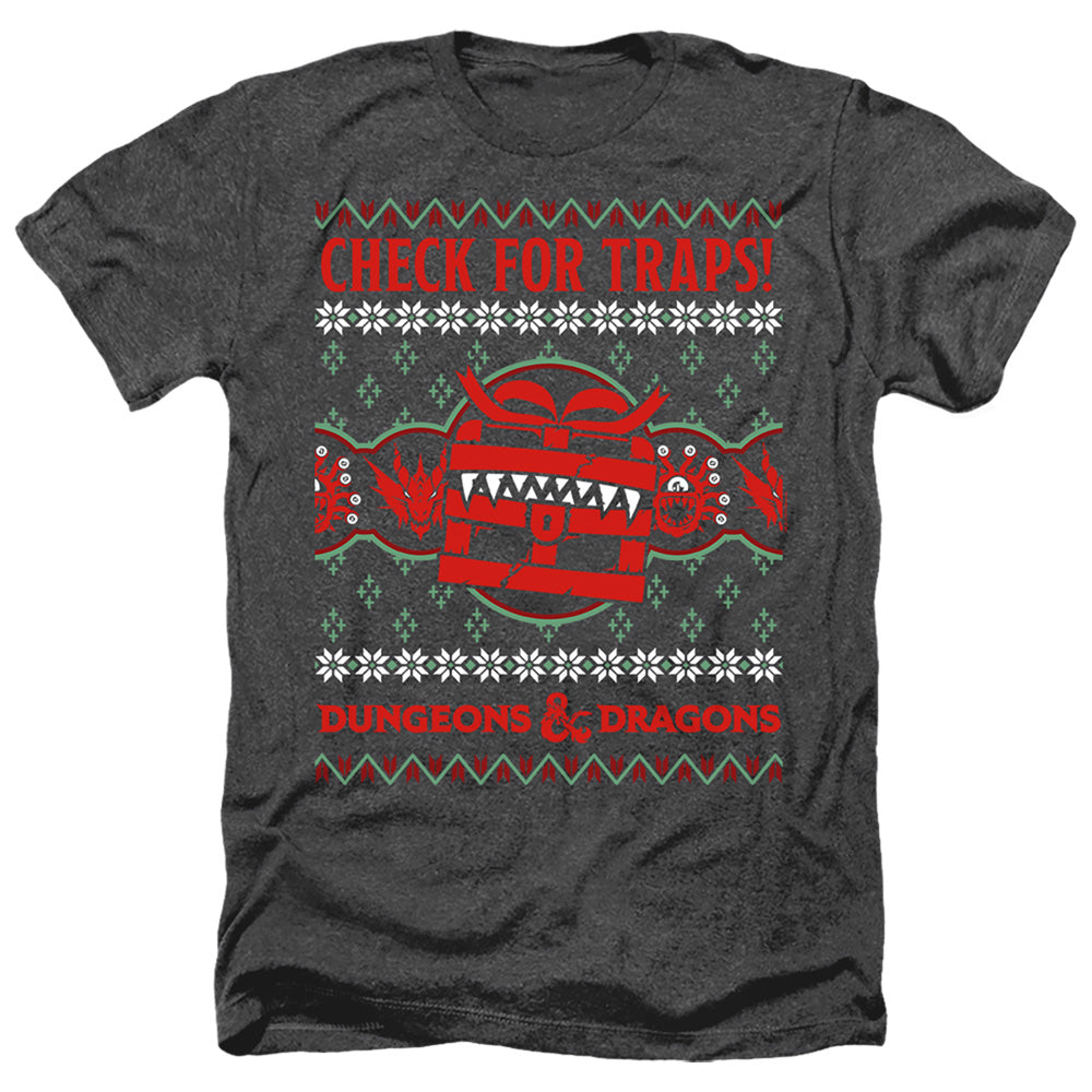 AN OFFCIALLY LICENSED DUNGEONS AND DRAGONS CHECK FOR TRAPS UGLY CHRISTMAS MEN'S HEATHER T-SHIRT CHARCOAL