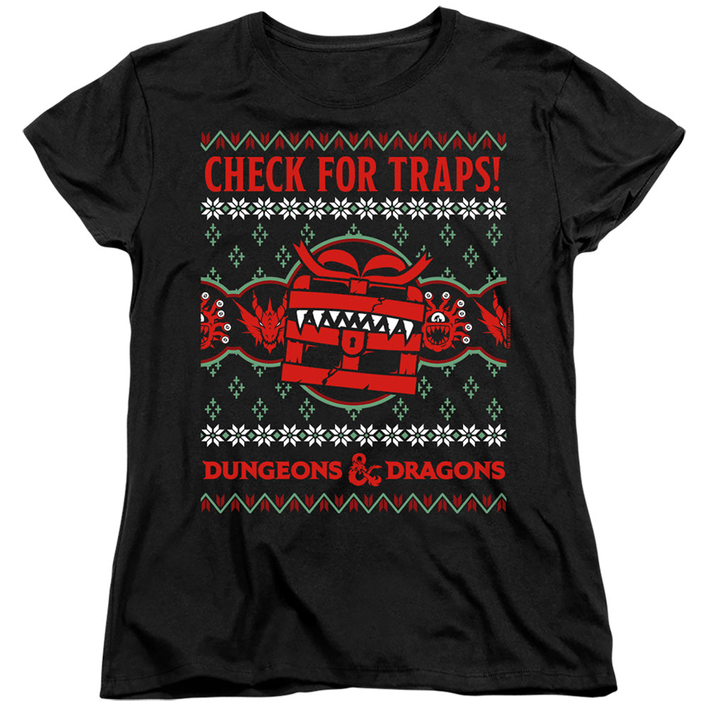 AN OFFCIALLY LICENSED DUNGEONS AND DRAGONS CHECK FOR TRAPS UGLY CHRISTMAS WOMEN'S REGULAR FIT T-SHIRT BLACK
