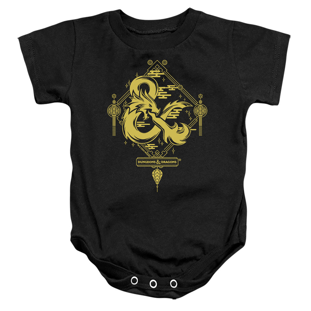 AN OFFCIALLY LICENSED DUNGEONS AND DRAGONS YEAR OF THE DRAGON GOLD LOGO BABY BODYSUIT BLACK