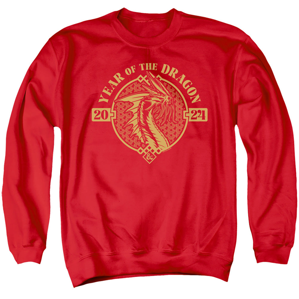 AN OFFCIALLY LICENSED DUNGEONS AND DRAGONS YEAR OF THE DRAGON GOLD BEAST ADULT UNISEX CREWNECK SWEATSHIRT RED