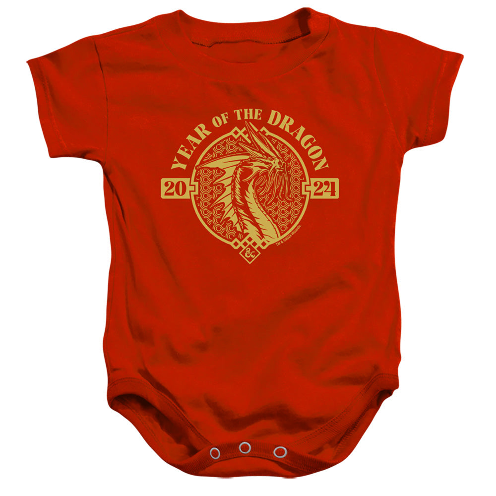 AN OFFCIALLY LICENSED DUNGEONS AND DRAGONS YEAR OF THE DRAGON GOLD BEAST BABY BODYSUIT RED