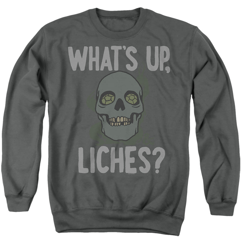 AN OFFCIALLY LICENSED DUNGEONS AND DRAGONS WHAT'S UP, LICHES? ADULT UNISEX CREWNECK SWEATSHIRT CHARCOAL