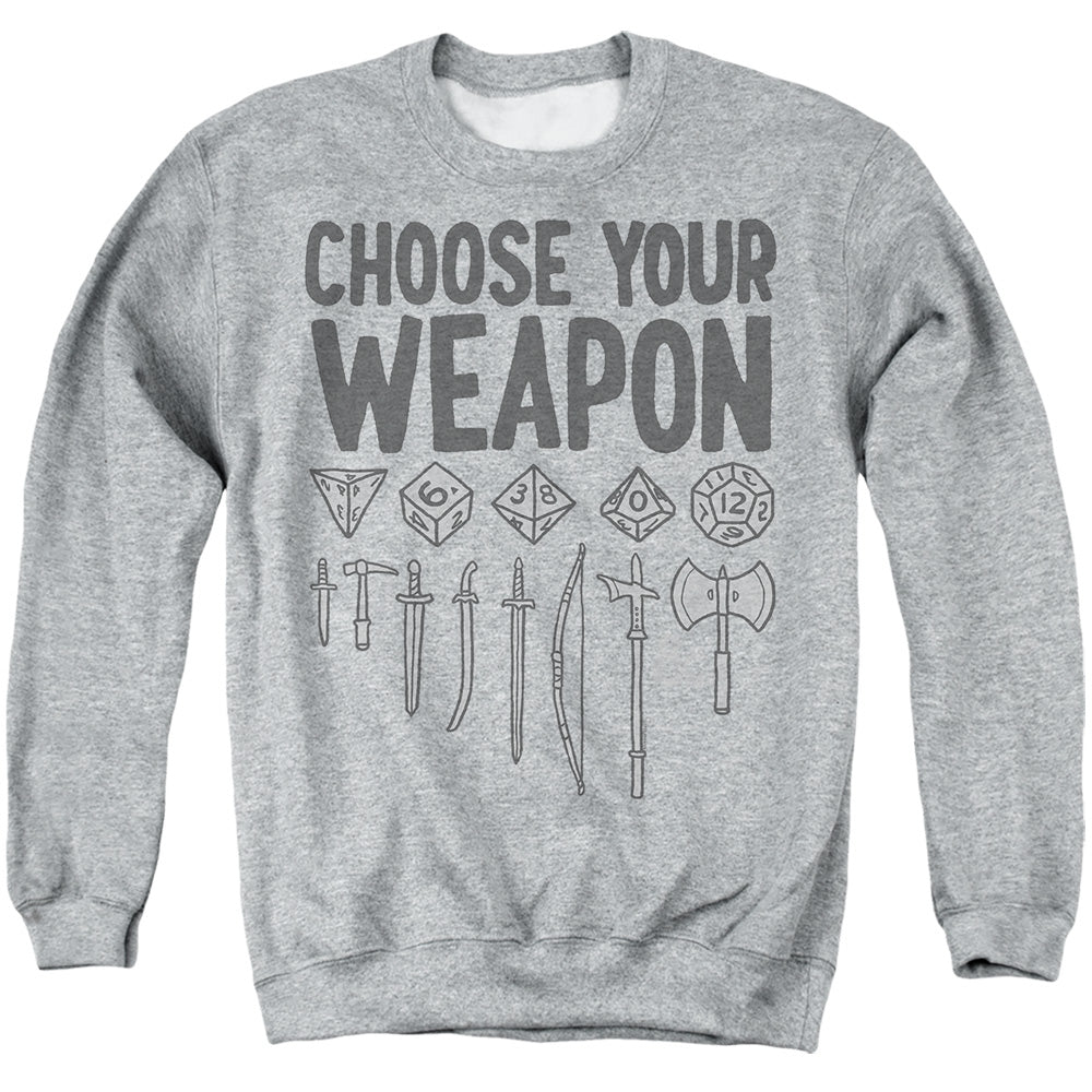 AN OFFCIALLY LICENSED DUNGEONS AND DRAGONS CHOOSE YOUR WEAPON ADULT UNISEX CREWNECK SWEATSHIRT ATHLETIC HEATHER
