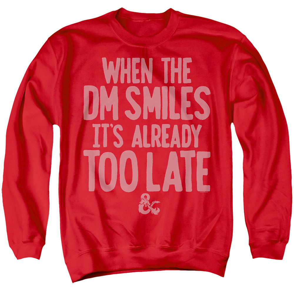 AN OFFCIALLY LICENSED DUNGEONS AND DRAGONS WHEN THE DM SMILES ADULT UNISEX CREWNECK SWEATSHIRT RED