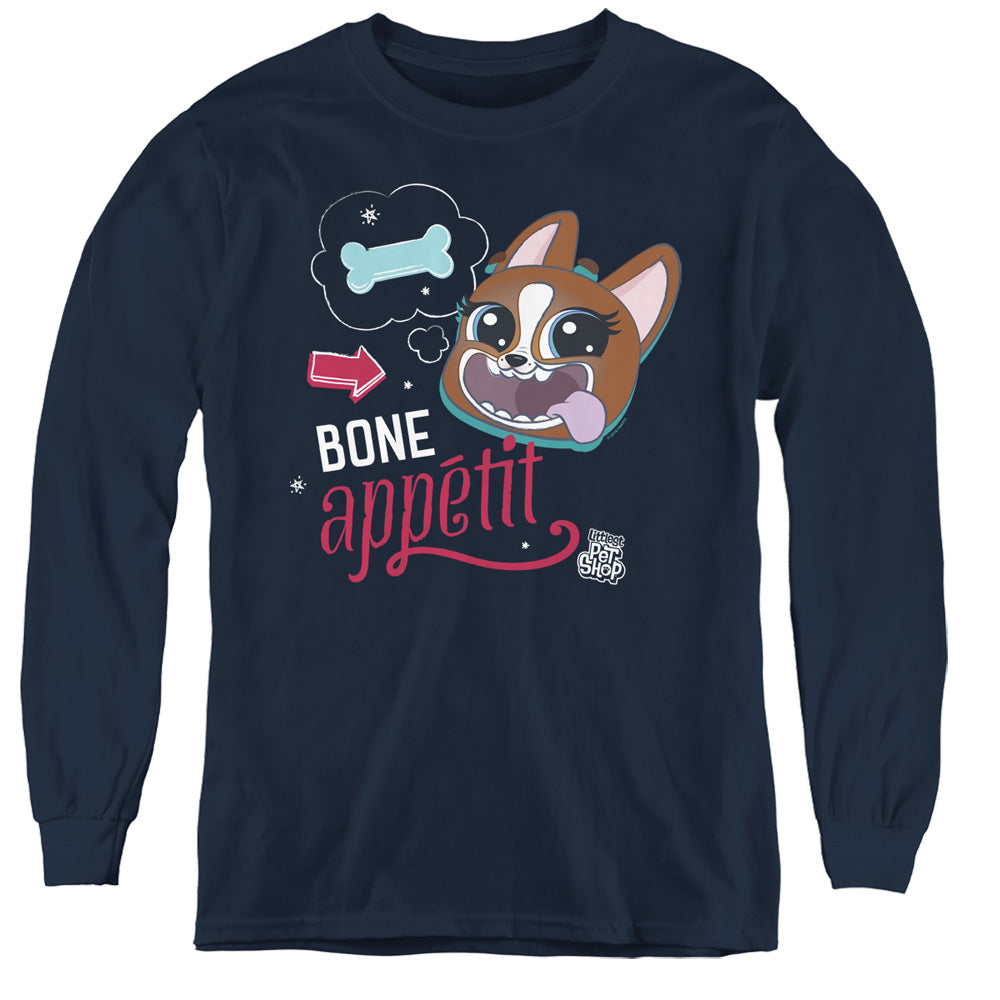 AN OFFCIALLY LICENSED LITTLEST PET SHOP BONE APPETIT YOUTH LONG SLEEVE T-SHIRT NAVY