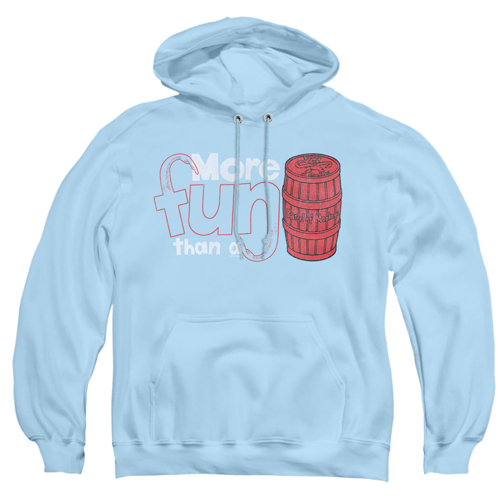 AN OFFCIALLY LICENSED BARREL OF MONKEYS MORE FUN ADULT UNISEX PULLOVER HOODIE LIGHT BLUE