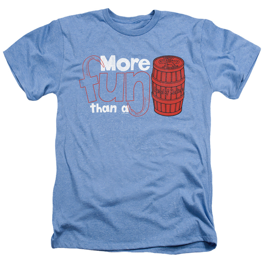 AN OFFCIALLY LICENSED BARREL OF MONKEYS MORE FUN MEN'S HEATHER T-SHIRT LIGHT BLUE