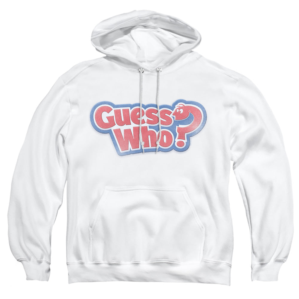 AN OFFCIALLY LICENSED GUESS WHO GUESS WHO DISTRESSED LOGO ADULT UNISEX PULLOVER HOODIE WHITE