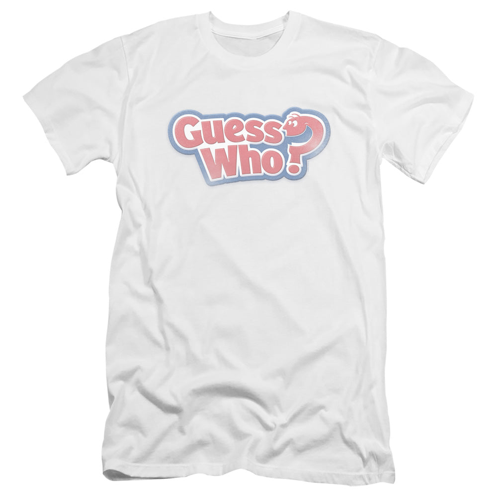 AN OFFCIALLY LICENSED GUESS WHO GUESS WHO DISTRESSED LOGO MEN'S PREMIUM SLIM FIT T-SHIRT WHITE