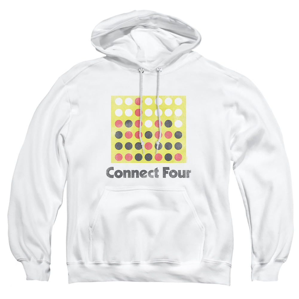 AN OFFCIALLY LICENSED CONNECT FOUR CLASSIC LOGO DISTRESSED ADULT UNISEX PULLOVER HOODIE WHITE