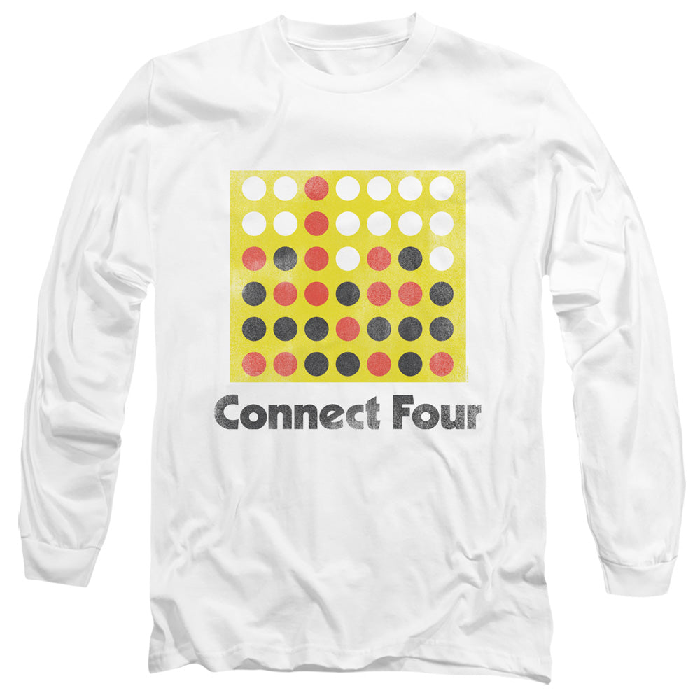 AN OFFCIALLY LICENSED CONNECT FOUR CLASSIC LOGO DISTRESSED MEN'S LONG SLEEVE T-SHIRT WHITE