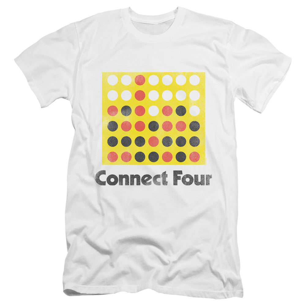 AN OFFCIALLY LICENSED CONNECT FOUR CLASSIC LOGO DISTRESSED MEN'S PREMIUM SLIM FIT T-SHIRT WHITE