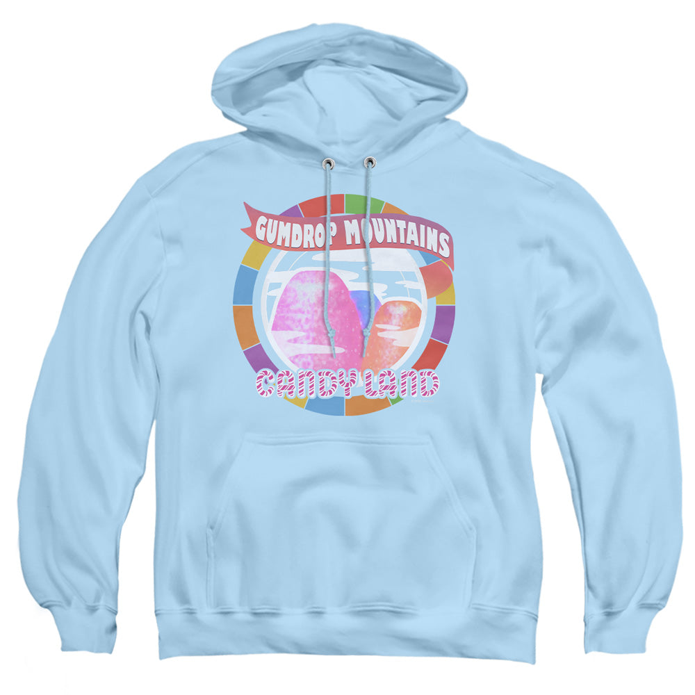 AN OFFCIALLY LICENSED CANDY LAND GUMDROP MOUNTAINS ADULT UNISEX PULLOVER HOODIE LIGHT BLUE