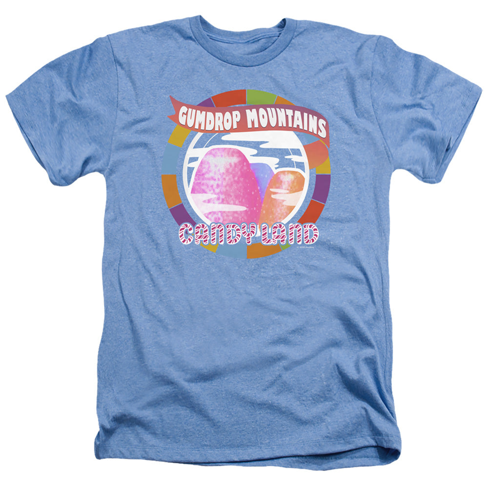 AN OFFCIALLY LICENSED CANDY LAND GUMDROP MOUNTAINS MEN'S HEATHER T-SHIRT LIGHT BLUE